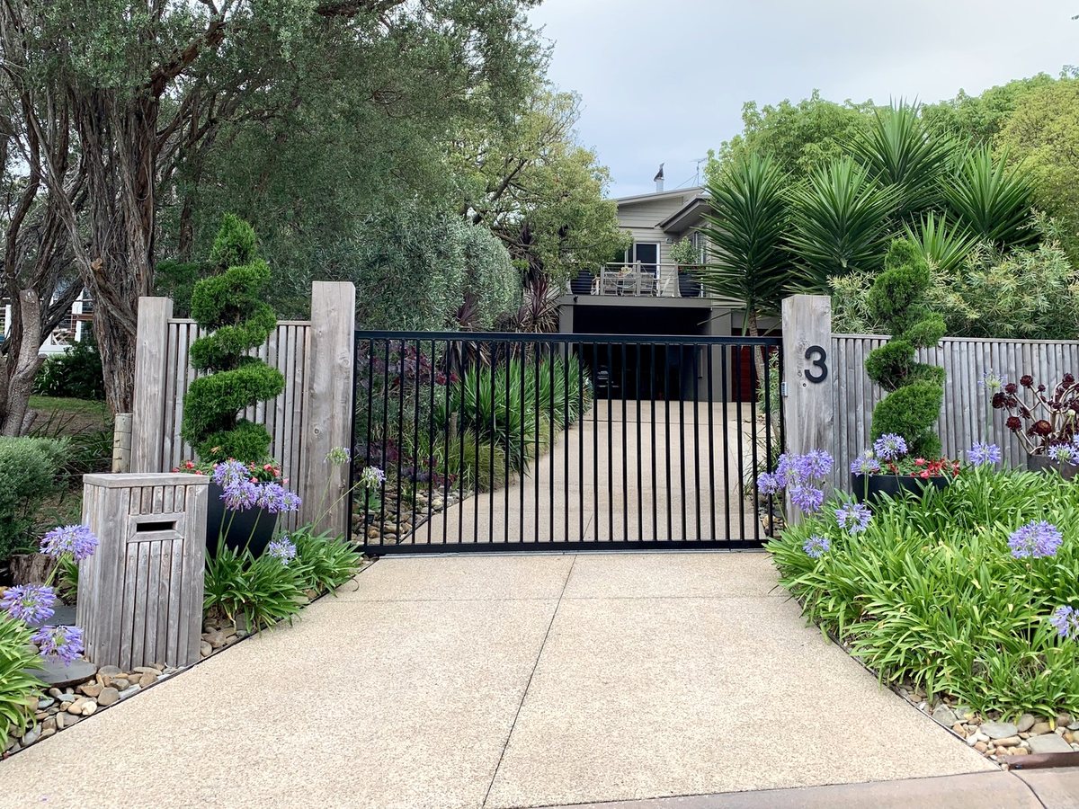 Gated concrete driveway between garden beds after pressure cleaning: bright, even concrete